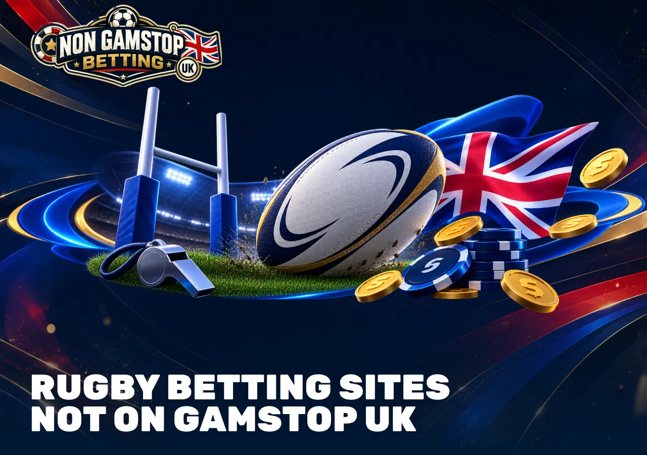 Rugby betting sites not on GamStop UK with rugby ball, goalposts, British flag and sportsbook betting chips.