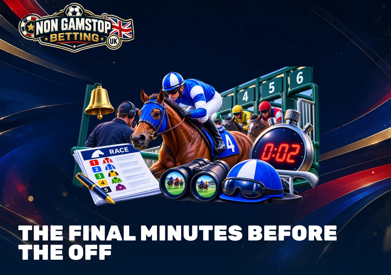 Final minutes before a horse race with starting gates, racecard and countdown before the off.