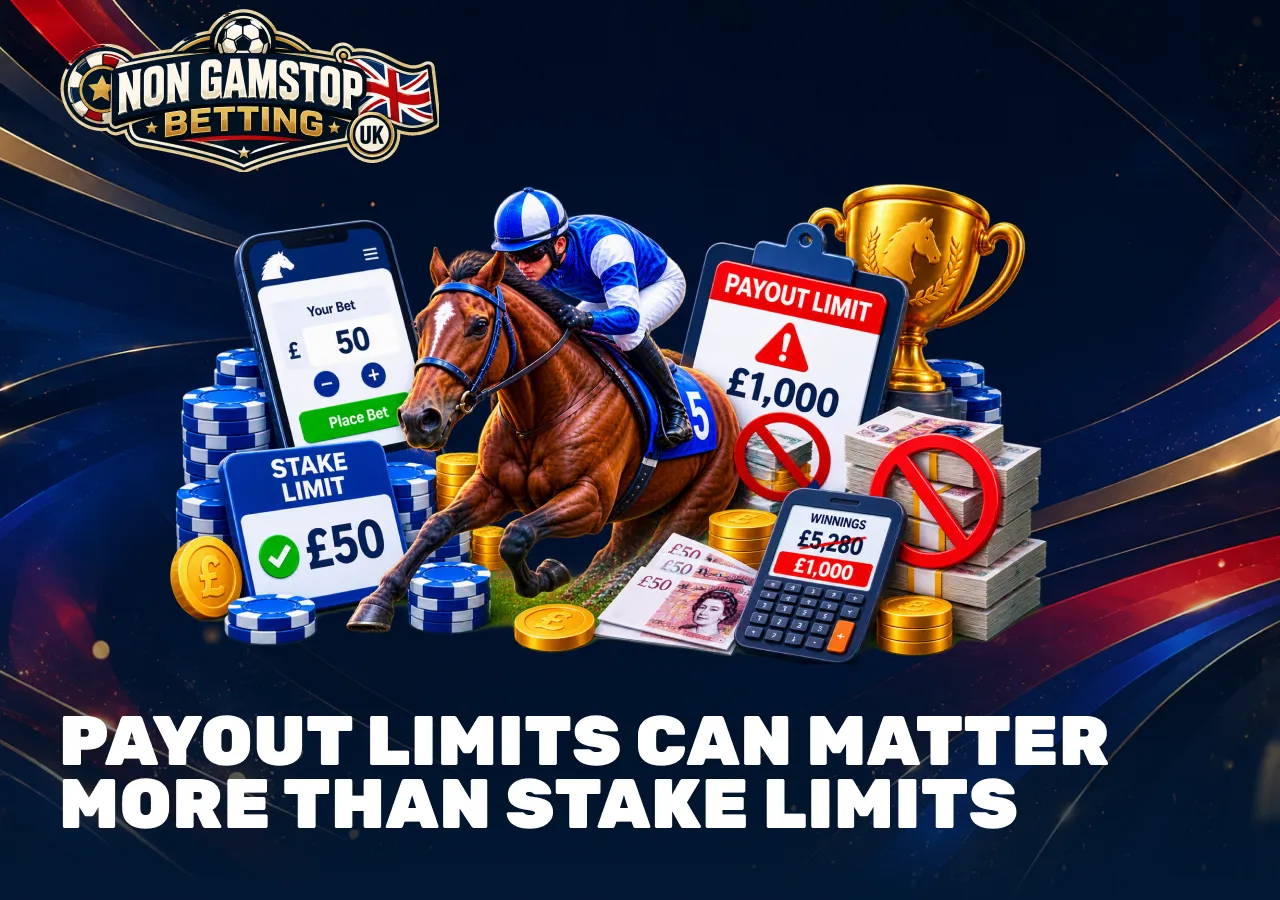 Horse racing payout limits compared with stake limits, showing maximum winnings and betting restrictions.