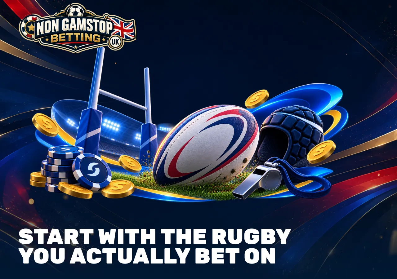 Rugby betting setup with ball, goalposts, whistle and betting chips for choosing the rugby markets you actually use.