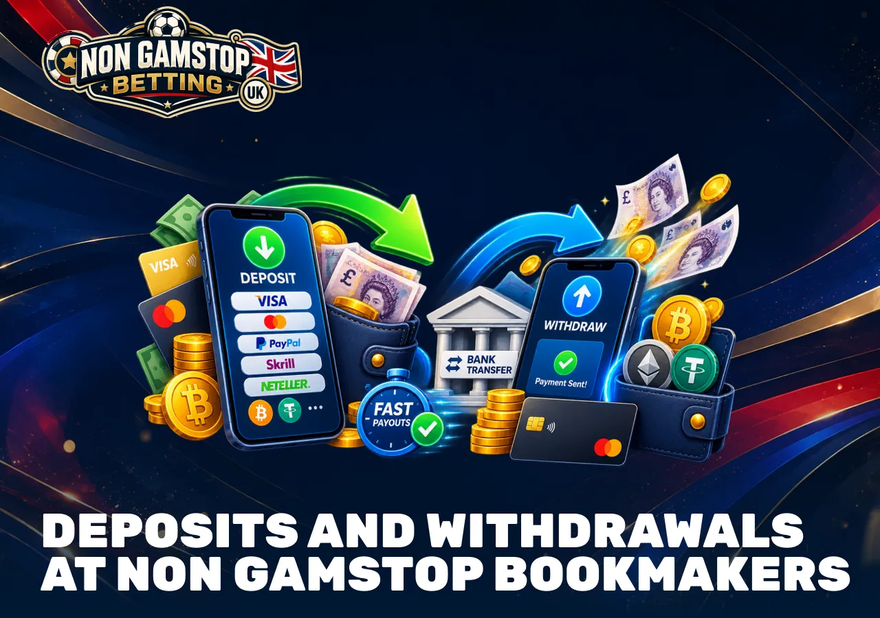 Deposits and withdrawals at non GamStop bookmakers with cards, e-wallets, bank transfers and cryptocurrency.