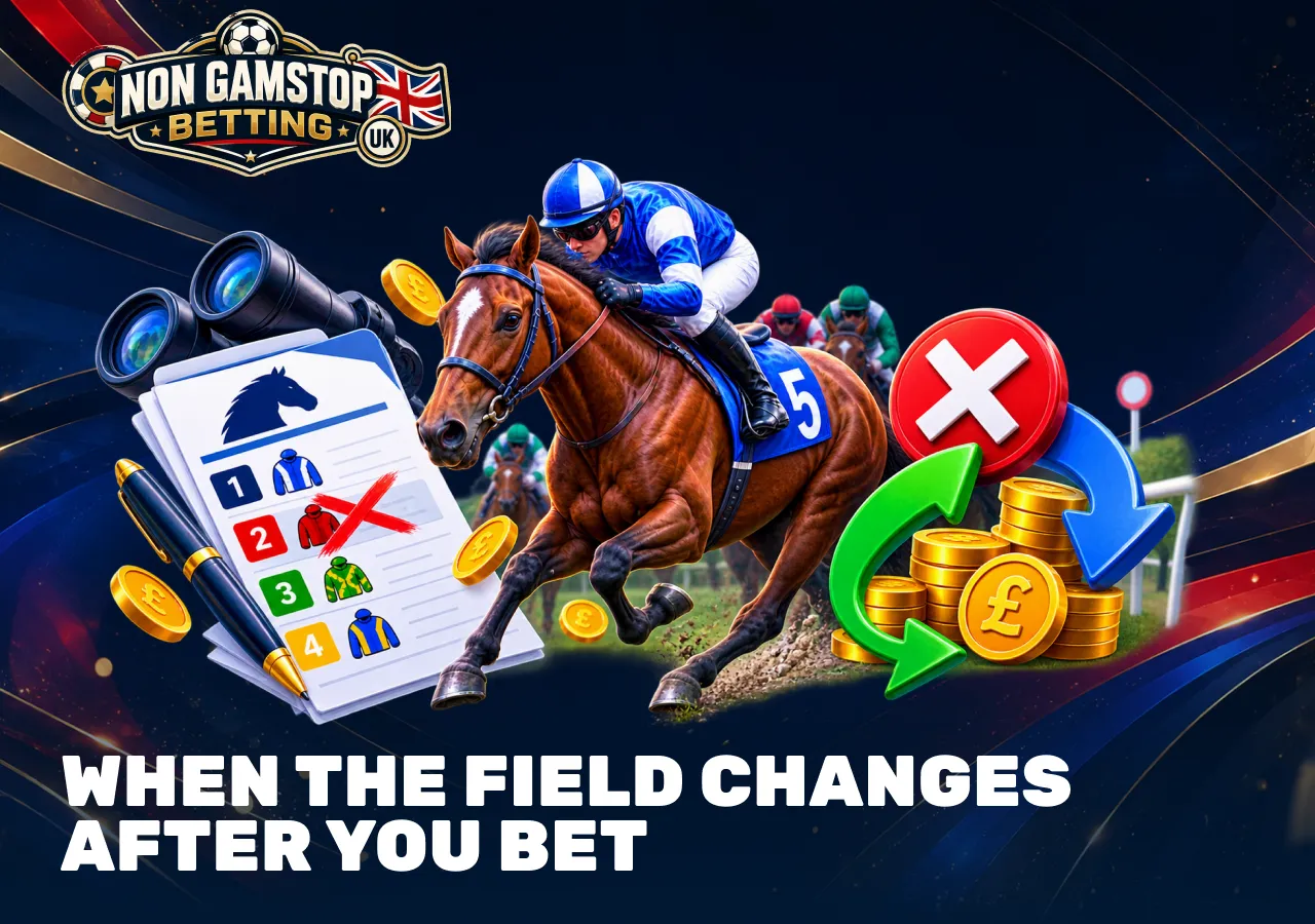 Horse racing field changes after placing a bet, including withdrawn runners and changes to potential returns.