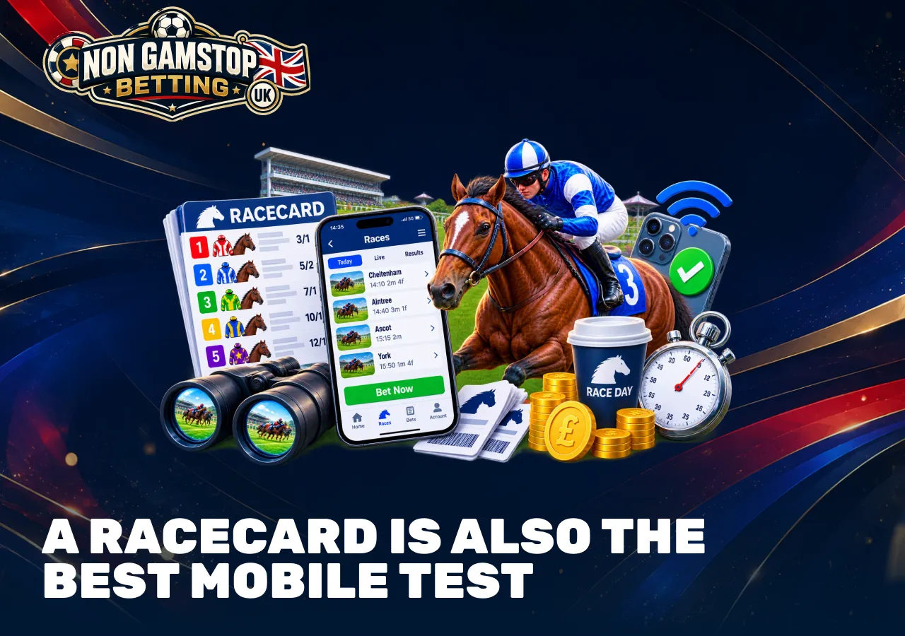 Mobile horse racing racecard with runners, odds and race information for testing sportsbook usability.